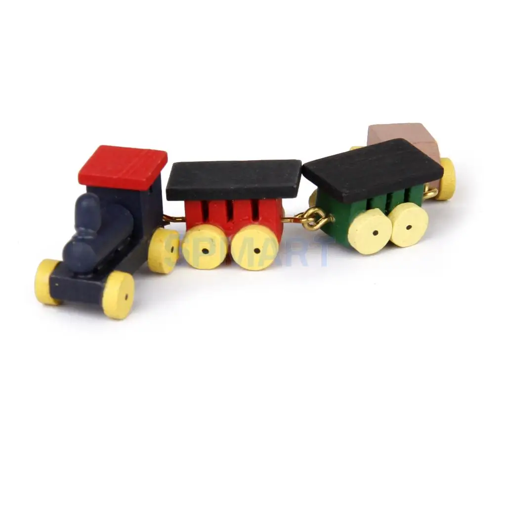1:12 Miniature Wooden Train Locomotive Carriages Active Toy Furniture Dollhouse