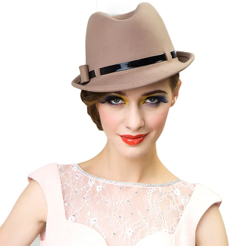 FS осенне-зимняя женская шерстяная фетровая шляпа с широкими полями, винтажная шляпа в стиле Трилби, фетровые шляпы цвета хаки, Панамы, церковные шляпы, женские Джазовые кепки