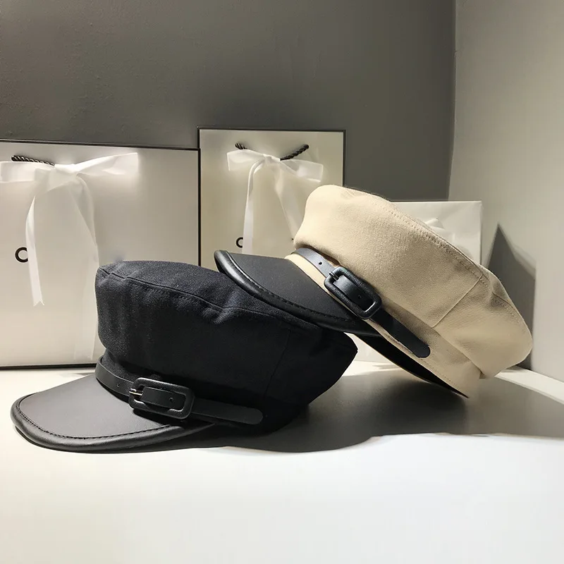 

2019 Ladies Black Military Cap PU Leather Hat Autumn and Winter Cotton Women Hats Berets Newspaper Caps Black Belt Buckle Hats