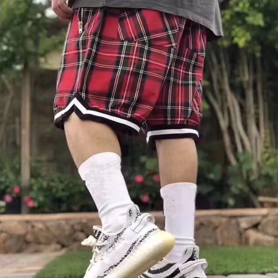 Men's Scottish Plaid Shorts Fashion Streetwear Side Zipper Lattice Mesh Stretch Waist Loose Knee length Justin Bieber Same Short