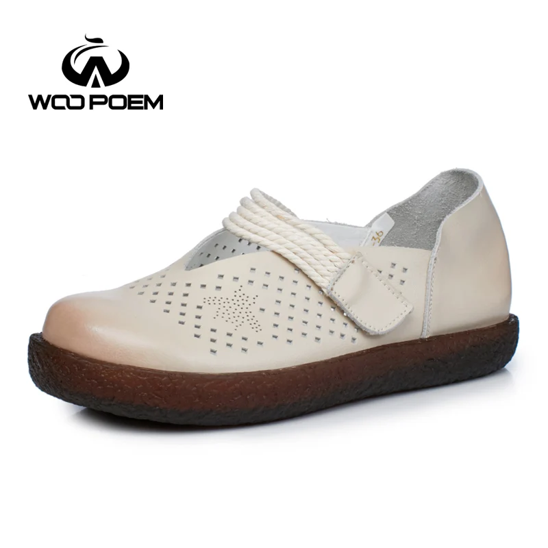 

WooPoem Waterproof Genuine Leather Shoes Woman Mary Janes Flats Low Heels Women's Shoes Fretwork Hollow Chaussure AM9115-1