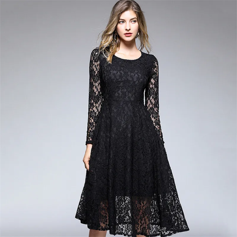 SMSF Autumn Winter 2018 Casual Aline Dress Women Fashion Lace Dress Hollow Out Beauty Party