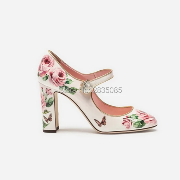 

Qianruiti Rose Floral Printing Leather Ladies Pumps Party Wedding Shoes Bridal Block High Heel Round Toe Kitten Heels Mary Janes