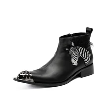Тигр Украшенные настоящие мужские кожаные ботильоны обувь черный мужской Модные ботинки martin обувь зимние ботинки с острым носком