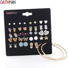 OATHYAN 20 пар/компл. милые эмалью с изображением животного сова "Кролик", "Медвежонок" серьги для Для женщин, ювелирное изделие для девочек с цветочным узором и металлическими элементами маленькие серьги-гвоздики набор микс