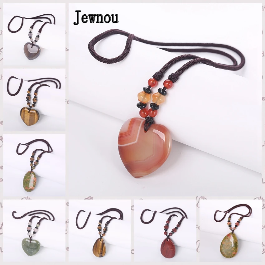 

Jewnou Agate Natural Stone Pendant Statement Necklace Women Sweater Chain Heart Jewelry Vintage Bohemia Accessories Reiki Gift