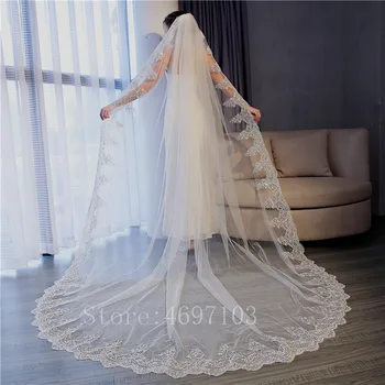

2019 velos de novia White&Ivory Sequins Blings Sparkling Lace Edge Purfle Long Cathedral Wedding Veils Accessories