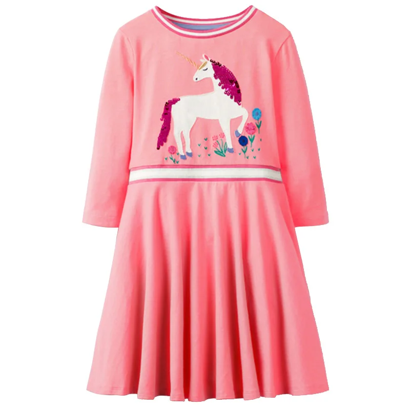 Детские платья для девочек; платье с длинными рукавами и блестками; праздничное платье с аппликацией в виде животных; Детский костюм; одежда для маленьких девочек - Цвет: pink girl dress