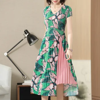 

Summer New Print Irregular Dress 2019 Female Slimming Ankle-length Large Size Pleated Dress