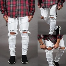 Стиль, мужские эластичные рваные джинсы, обтягивающие мужские рваные узкие джинсы с дырками, белые джинсовые штаны
