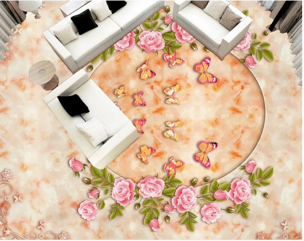 

Customize Size PVC self-adhesive water resistant floor 3D stereoscopic rose butterfly floor Modern Floor painting