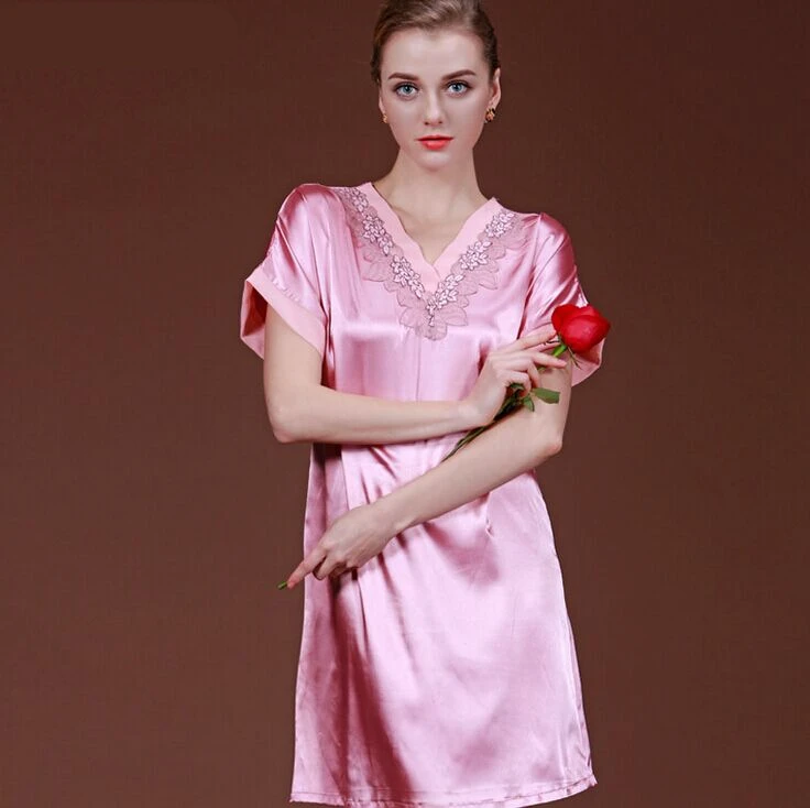 Новинка Летний стиль ночная рубашка с вышивкой пикантные короткие v-образным вырезом розовый одноцветная одежда для сна качество ночнушка из искусственного шелка ночные рубашки-Лаунж Лидер продаж