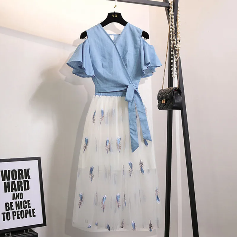

Summer Women Off Shoulder Solid Strapless Lace UP Shirts+Feather Pattern Embroidery Mesh Skirts Sets Woman Skirt Clothing Suits