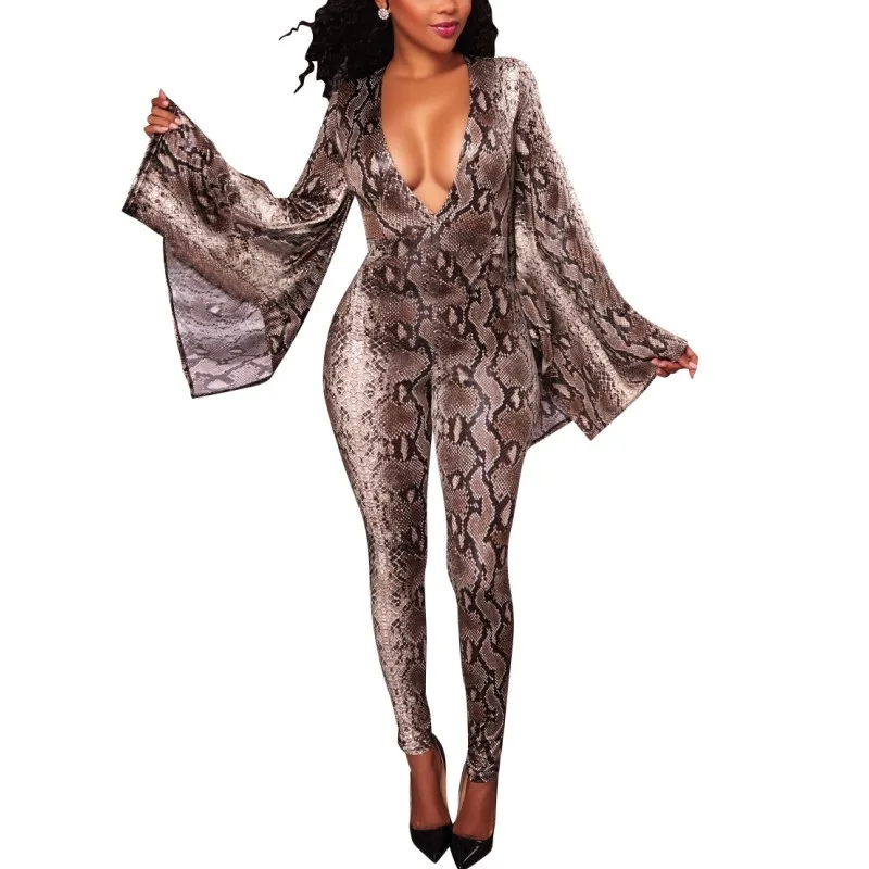 Slim Fit Sexy Club Jumpsuit Deep V Neck Bell Sleeve Snake