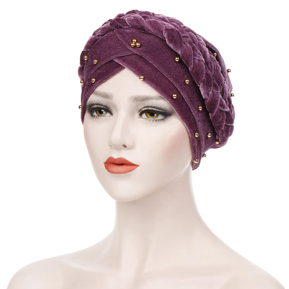 Helisopus Новинка, чалма из бисера, модная однотонная бархатная шапка, шапочки, мусульманские женские головные уборы, аксессуары для волос - Цвет: Фиолетовый