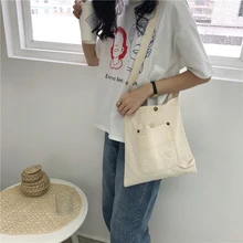 Однотонная пляжная сумка, сумка для книг, Холщовая Сумка для покупок, женская простая сумка через плечо, Студенческая сумка для девочек, новинка года, с внешним карманом