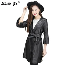 Модный уличный женский ремень бант длинный v-образный вырез Овчина натуральная кожа пальто новые женские черные длинные куртки хорошего качества