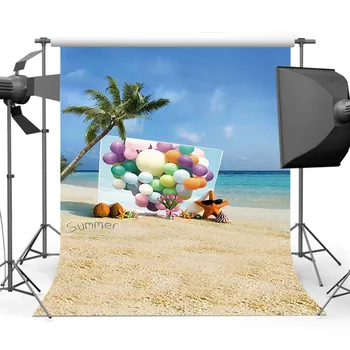 

Mehofoto Summer Blue Sky Sea Backdrop Balloon Wall Beach Background Cocount Tree Props palm tree balloons photo studio vinyl