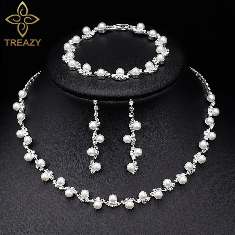 

TREAZY Simulated Pearl Crystal Bridal Jewelry Sets Simple Crystal Women Choker Necklace Earrings Bracelet Wedding Jewelry Sets