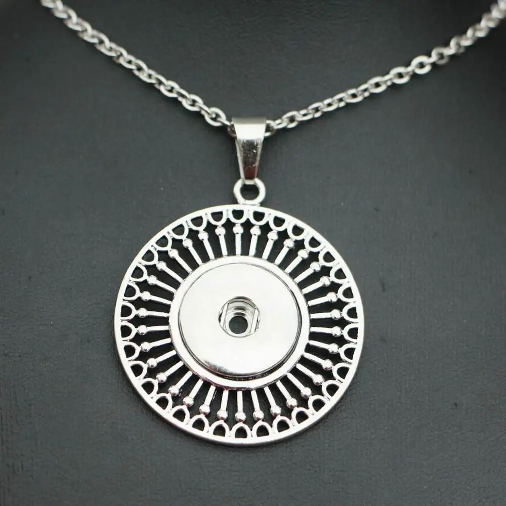 1PC 50cm Steel Chain Silver Hollow Round Snap Pendant Necklaces 18MM