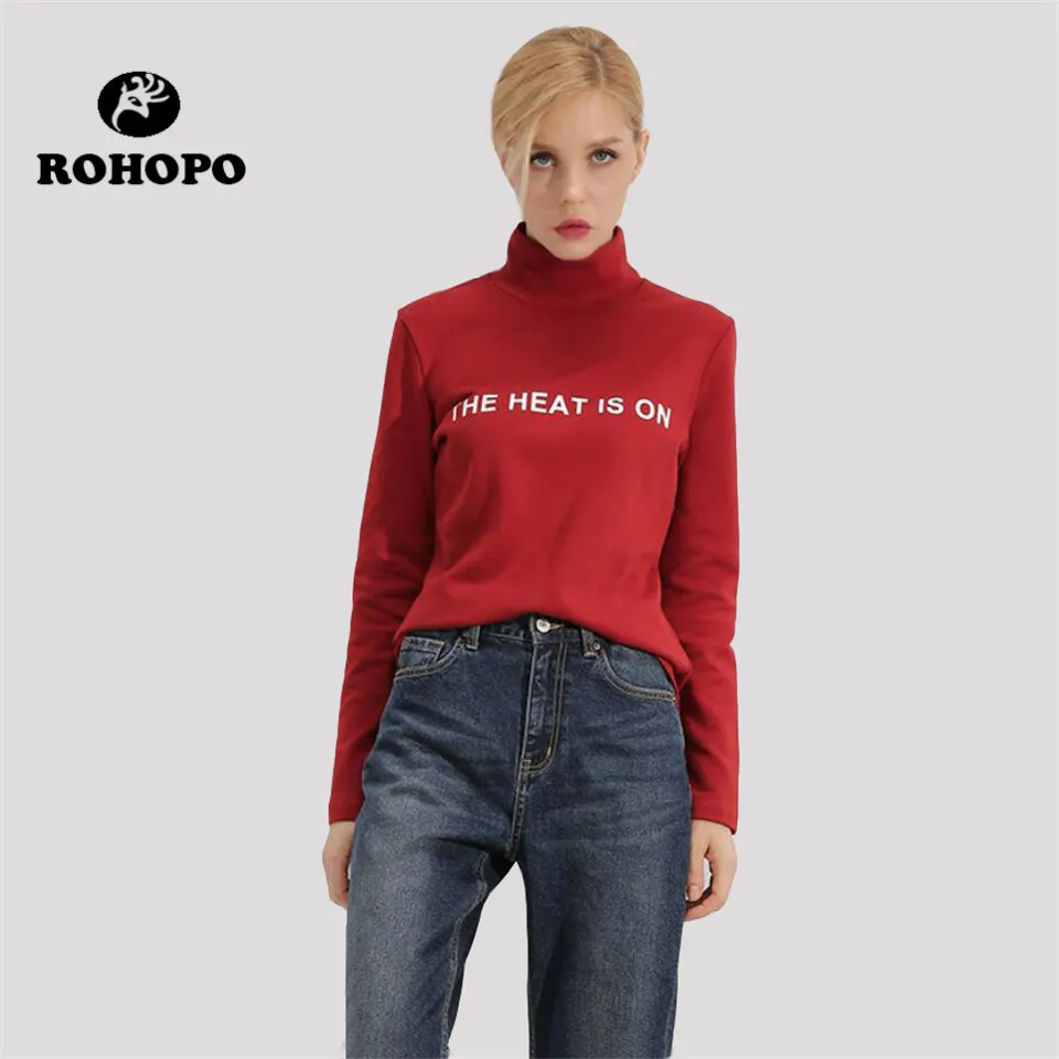 

ROHOPO Sweatshirt Women Autumn turtleneck chic noble hoodies Girl Preppy printed long sleeve casual Cotton Outwear sweatshirt