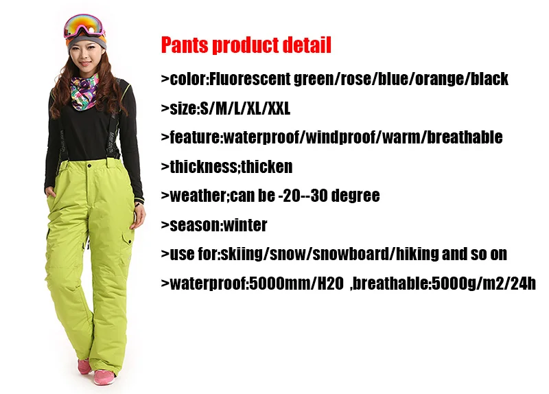 Snowboard Pants Female Trousers with straps New Outdoor Sport waterproof Warm Hiking Snow Mountain ski Winter pants for women