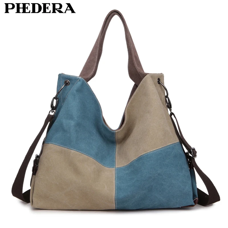 

PHEDERA Large Capacity Canvas Women Handbag Vintage Patchwork Casual Female Shoulder Bag Black/Burgundy Purse Bags