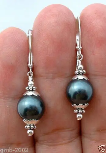 

Hot sale new Style >>>>12mm Tahitian Black Peacock Sea Shell Pearl Sterling Silver Leverback Earrings