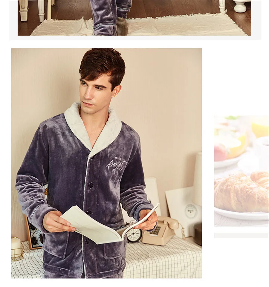 Модные Пижама с надписью комплект Мужская одежда зимние фланелевые утепленные мужские пижамы костюм повседневное Кнопка домашняя
