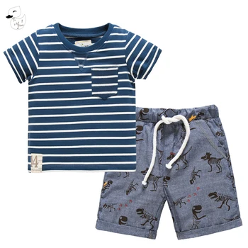 

BINIDUCKLING Summer Boys Clothes Cotton Stripe Short Sleeves T-Shirt+Shorts Pants Casual Set Children Suits Outfit Kids Clothing
