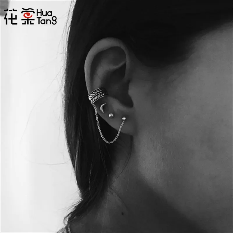 

HuaTang Silver Star Leaf Chain Boho Earrings Set Stud Earrings for Women Girl Geometric Pericing Ear Clip Set Earrings Brincos