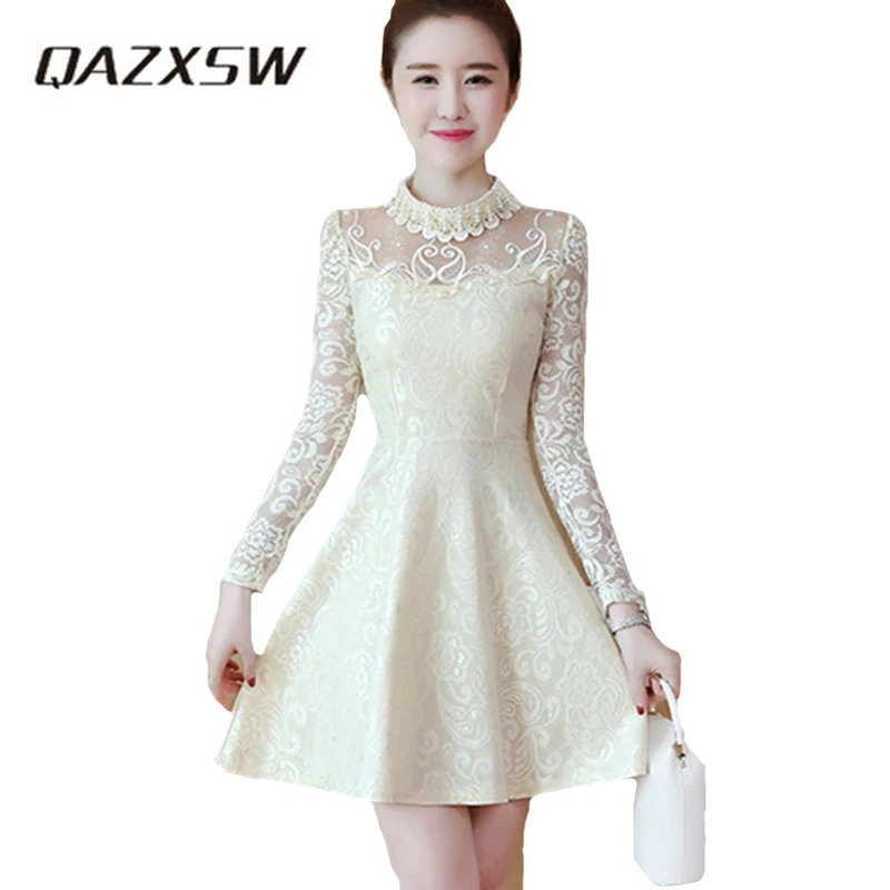 QAZXSW Casual Dress Women Lace Spring Autumn Ladies Sweet Dresses Female Solid A-Line gatsby warm dress YC001 | Женская одежда