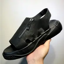 Для мужчин сандалии летний тренд кожаные римские сандалии; толстая подошва, пляжная обувь модные zipprs сандалии