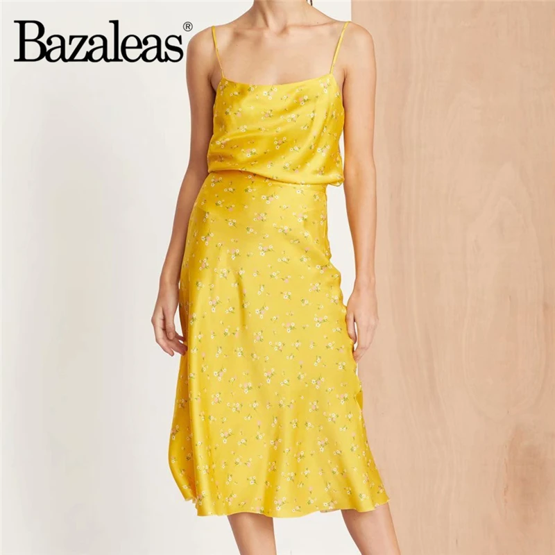 

Women Summer Like Silk Yellow Two Piece Set Harajuku Strapless Crop Top And Midi Skirt Women Suit 2019 Satin Tracksuit Women