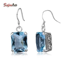 Szjinao Модные женские длинные серьги-гвоздики ручной работы прямоугольник Аквамарин античное серебро 925 пробы