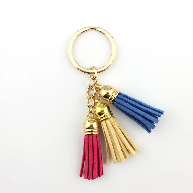 ZWPON Gold Colorful Triple Leather Tassel Fringe Key Chain & Key Rings for Woman Bag Packing Jewelry Wholesale