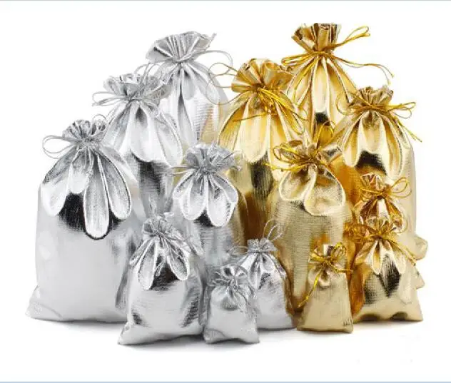 

10Pcs 5x7 7x9 9x12 10x15cm Golden /silver color Drawstring Organza bag Jewelry Organizer Pouch Jewelry Packaging Display Pouches