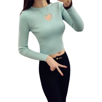

Women Sweater Pullover Basic Knitted Tops Hollow love Candy Solid Crew Neck Essential Jumper Long Sleeve Slim Sweaters