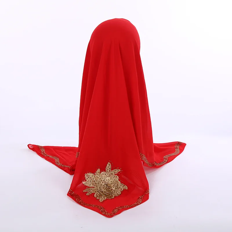 Высокое качество Жемчуг шифон квадратный хиджаб шарф с аппликацией большой цветок Декор Ислам для женщин роскошные бриллианты края мусульманская шаль - Цвет: C2 red