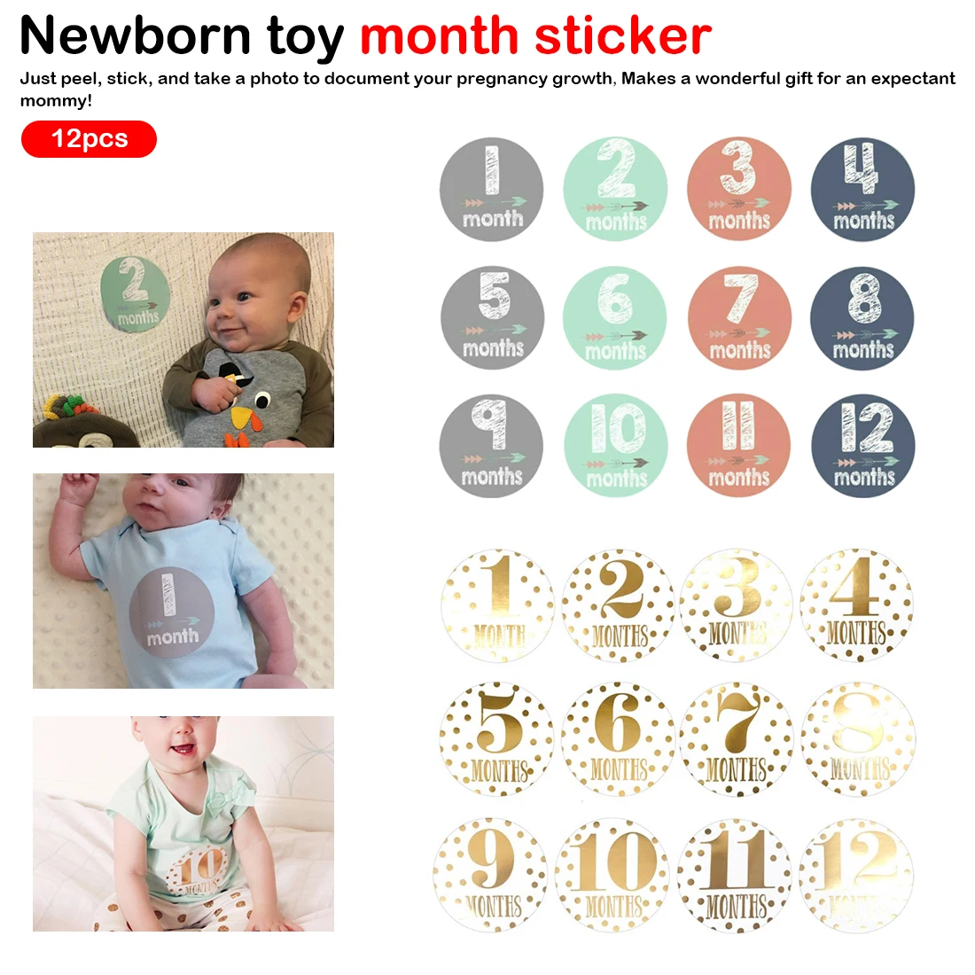 

12Pcs/set For Memory Baby Pregnant Women Monthly Photograph Sticker Fun Month 1-12 Milestone Stickers
