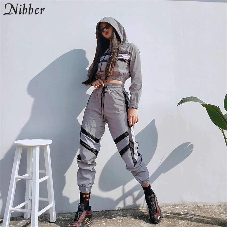 

Nibber reflective jacket casual pants 2pieces sets womens 2019 hot sale Hoodie Active suit fashion party night casual wear mujer