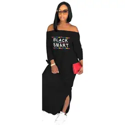 Письмо печати Cold Shoulder Dress Письмо печати Для женщин Повседневное Платье макси с открытыми плечами с длинным рукавом длинное платье модная