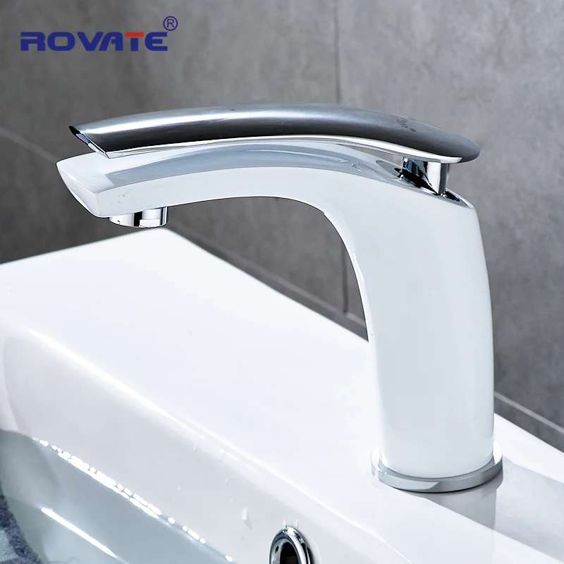 online ROVATE Torneira Da Bacia Branco Rosto Único Titular Único Furo Montado Pia Bacia Torneiras Quente e Fria Misturador para Banheiro Preto tap