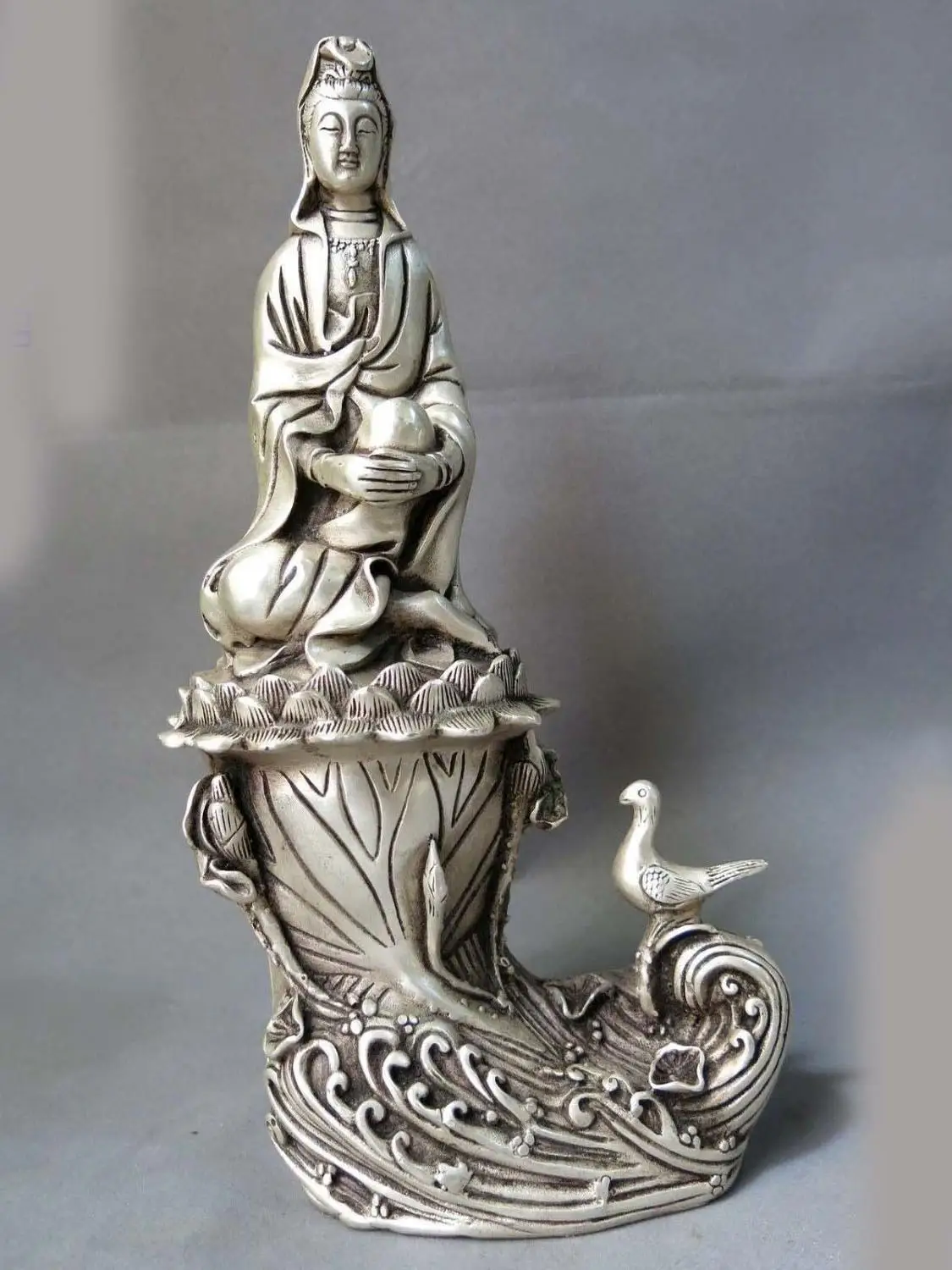 

11" China silver buddhism carved fine Lotus Taiwan Kwan-yin Bodhisattva Statue