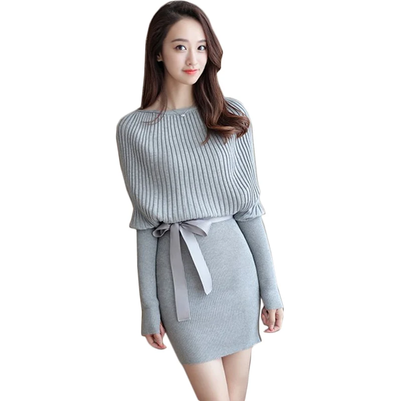 

2016 autumn korean elegant knitted slim sweater dress for women bat sleeve bow belt knit dresses package hip a line vestido