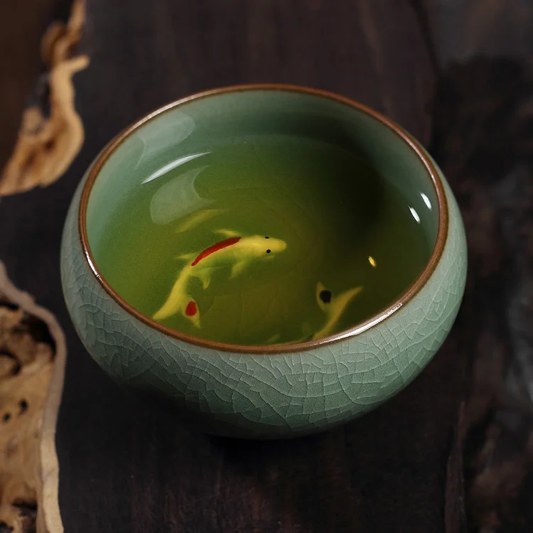 Китайский Longquan Celadon Золотая рыбка Чашки Чай чайник чашки caneca фарфора треск