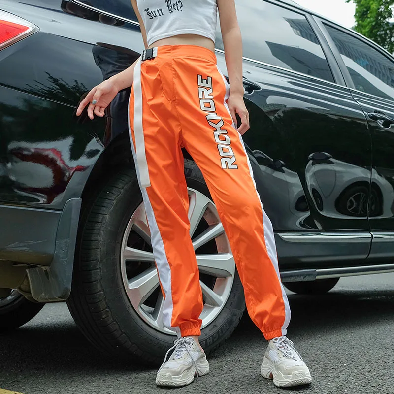 Осень, штаны для бега, женские оранжевые Лоскутные штаны с высокой талией, с принтом, с пряжкой, корейские, Harajuku, спортивные штаны