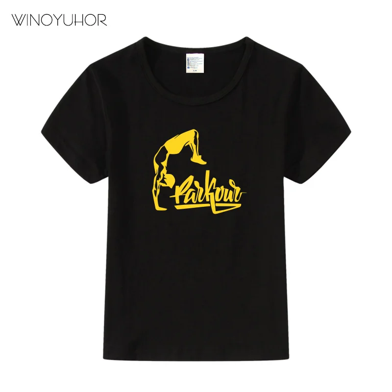 Детская крутая футболка с принтом «Parkour Born To Jump» детские летние топы с короткими рукавами, хлопковая Повседневная футболка для мальчиков и девочек высокое качество - Цвет: Black