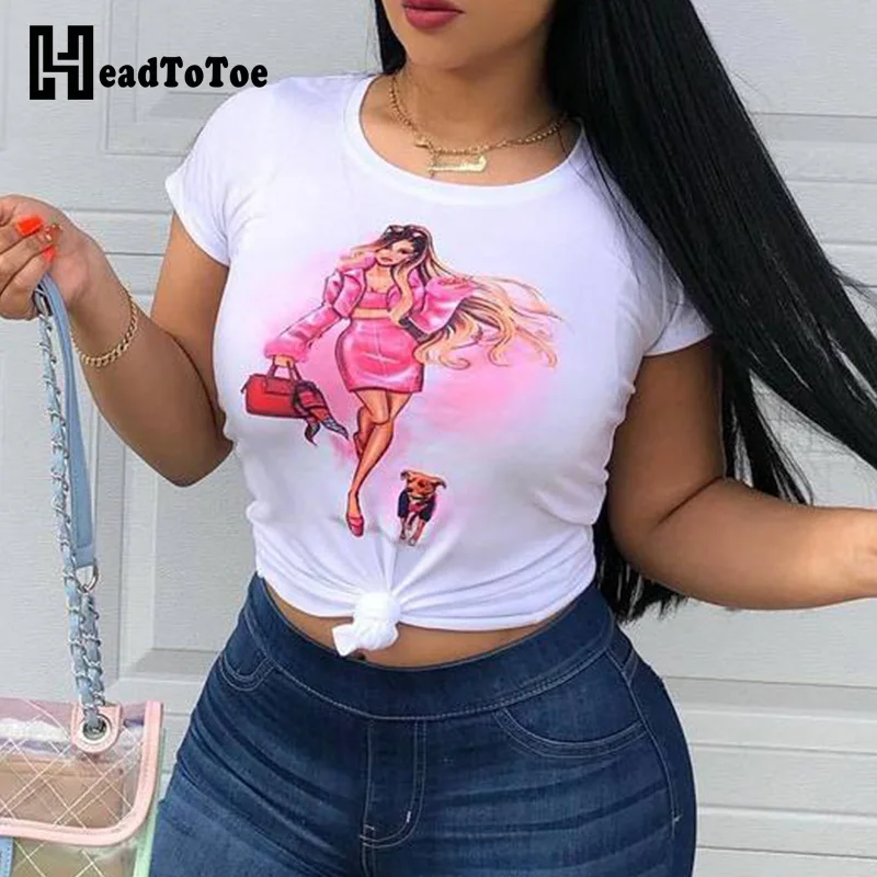 

Women Summer Short Sleeve Printed T-Shirt Ladies Round Neck Casual Tee Tops Streetwear Basic White tshirts