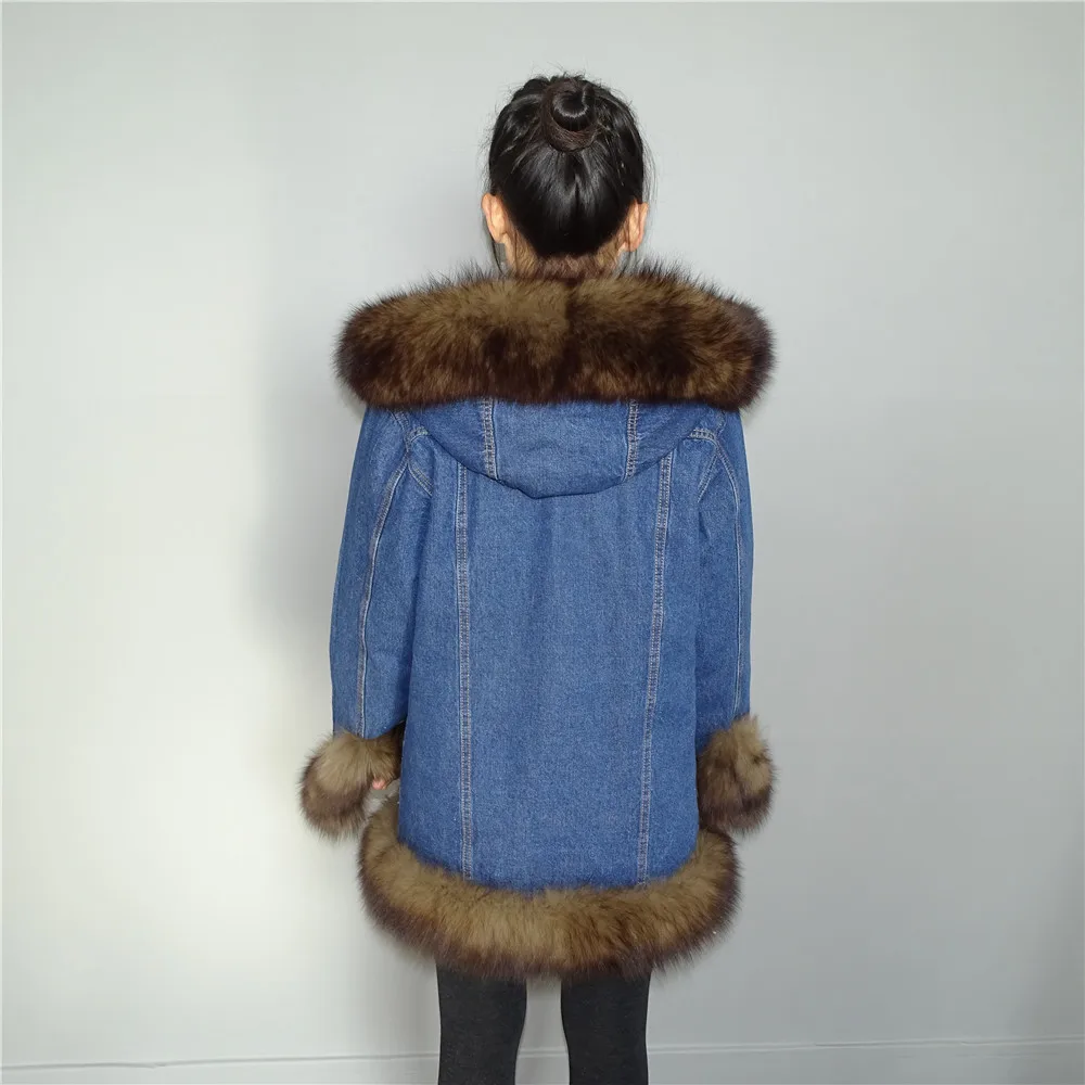 

100% Real Brown fox fur coat Women Fur Long Hoode outwear jean parka fox fur parka hooded Jean fur coat for women